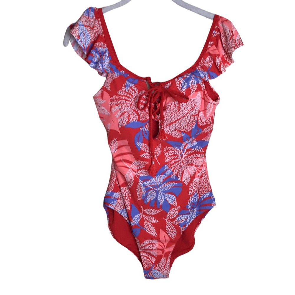 Red Carter Tropical Print Lace Front One Piece Swimsuit